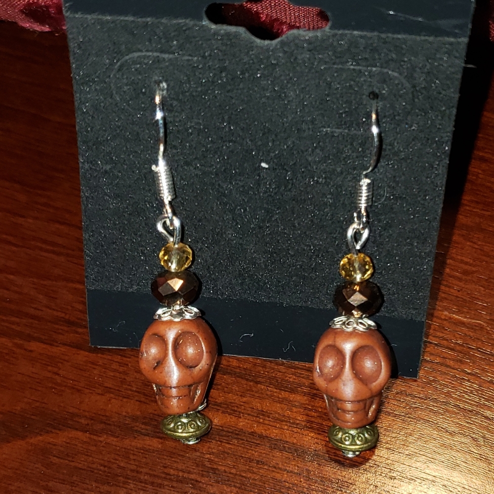 Brown Magnesite Crystal Skull Earrings